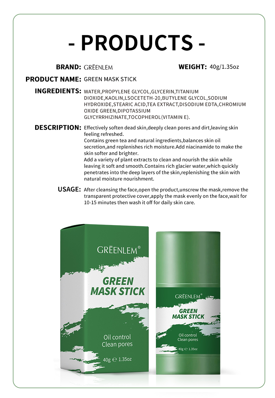GreenLem OEM ODM Green Tea Face Mask Stick Oil Control Lightening & Nourishing Formula for Female(pic5)