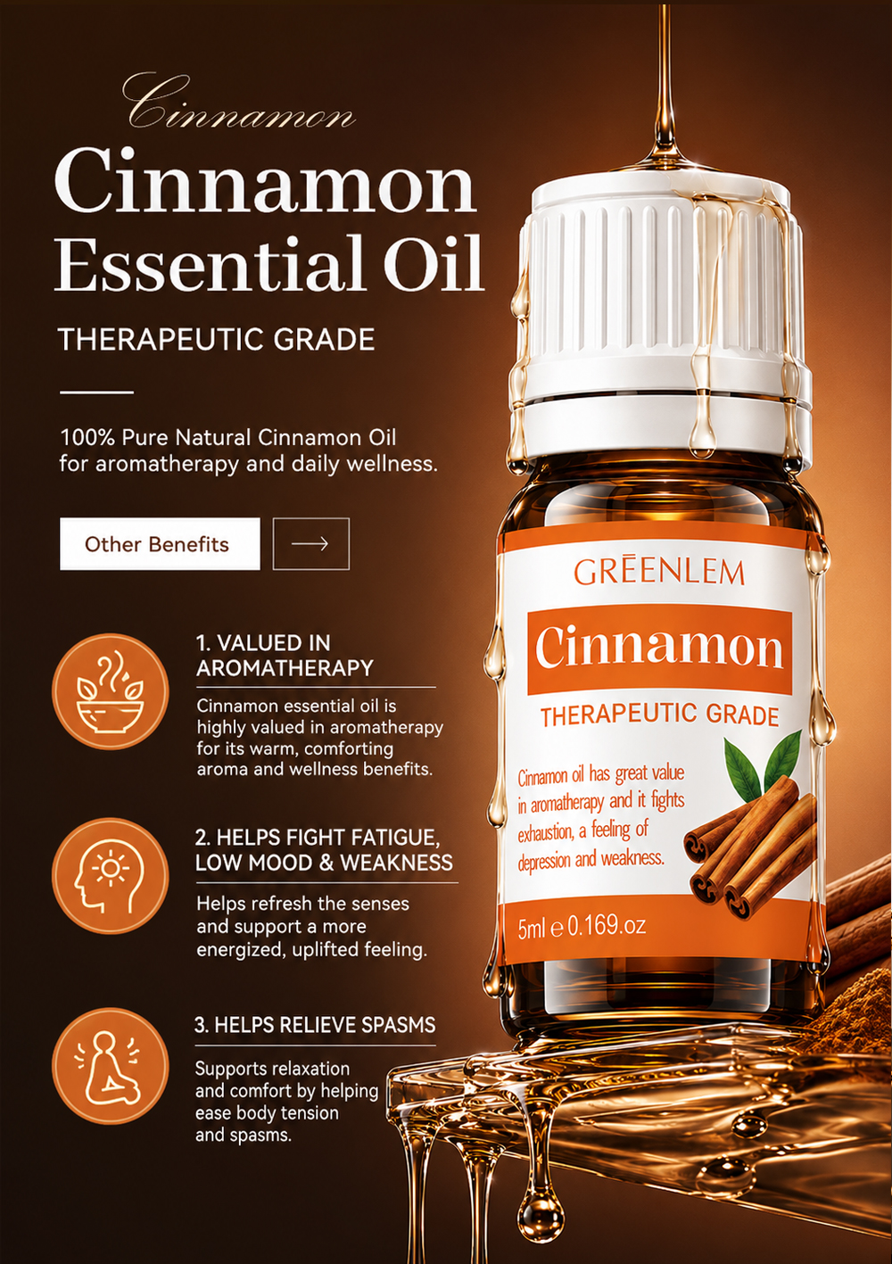 Wholesale Private Label OEM ODM Cinnamon Oil Cold Pressed Therapeutic Grade 100% Pure Natural Moisturizing Fresh Scent 5ml Body(pic3)