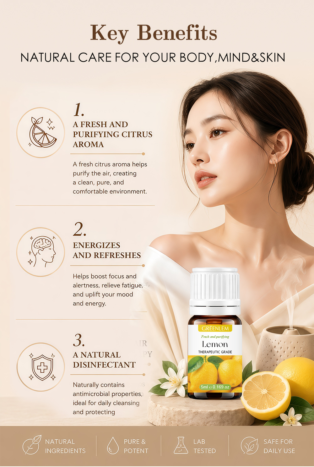 Wholesale Pure Lemon Essential Oil Therapeutic Grade Citrus Aroma Oil for Diffuser Purify Air Boost Mood Skincare Massage(pic4)