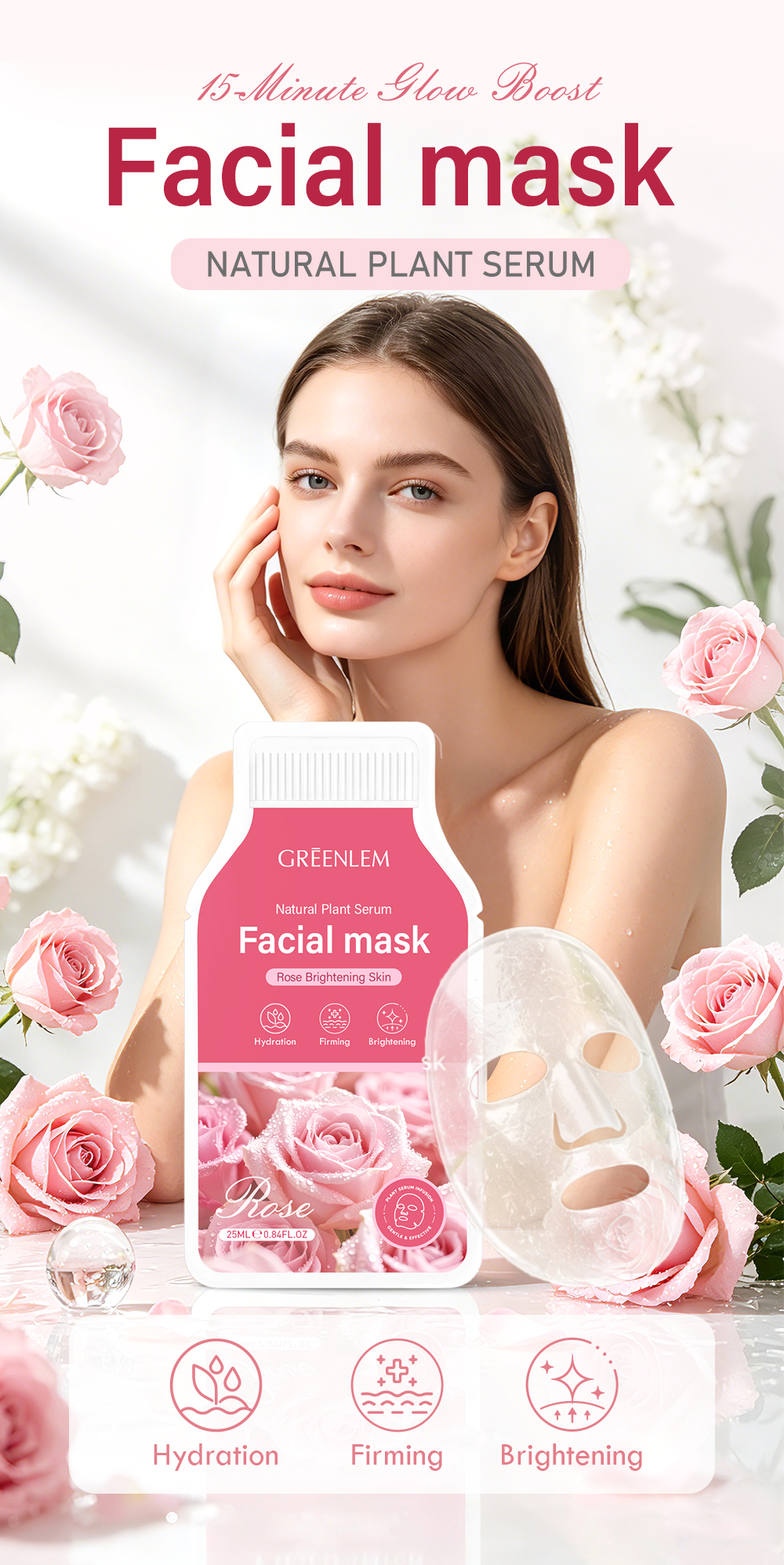 Custom Rose Natural Plant Serum Vitamin E Hyaluronic Acid Glycerin for Facial Mask Moisturizing Lightening Private Label(pic1)