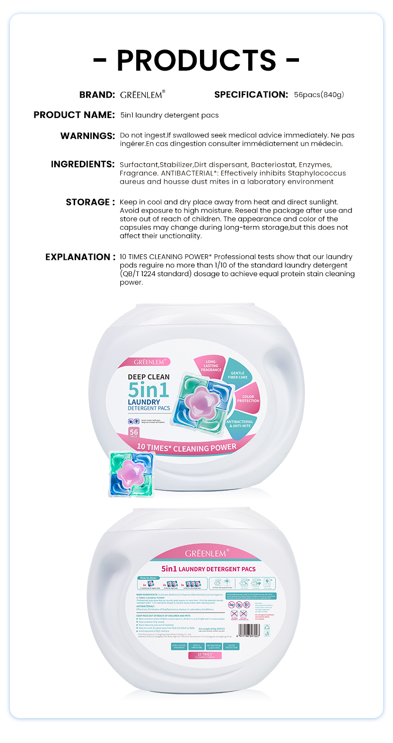 High Quality 5-in-1 Satin Removal DisposableDetergent Capsules Biodegradable Laundry Pods folApparel OEM Private Label Solid(pic7)