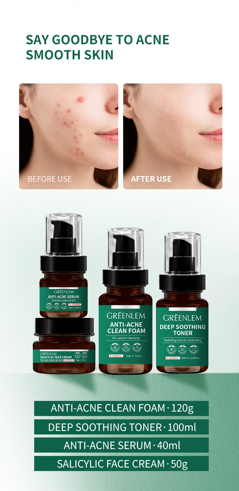 GREENLEM Tea Tree BHA Niacinamide Anti-Acne Skincare Set OEM Private Label Unisex Oily Skin Face Wash Cream Guangdong Wholesale(pic1)